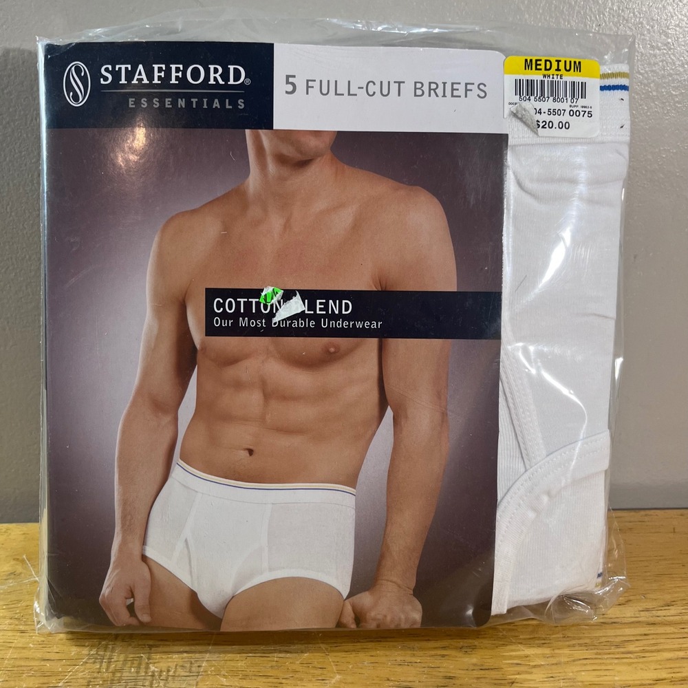 Stafford Essentials 5 Pack Full-Cut Briefs White Medium 32-34 Cotton Blend Vtg
